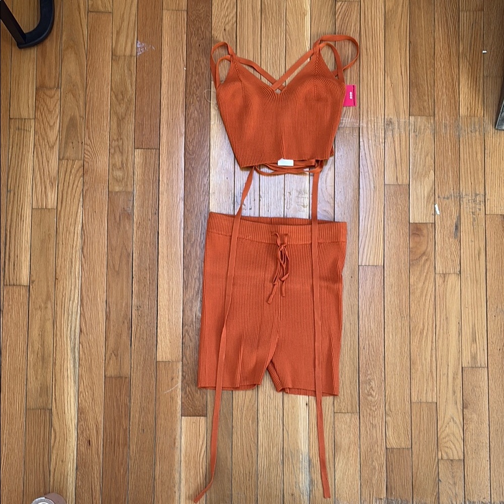 Vibrant Orange Ribbed Two-Piece Set